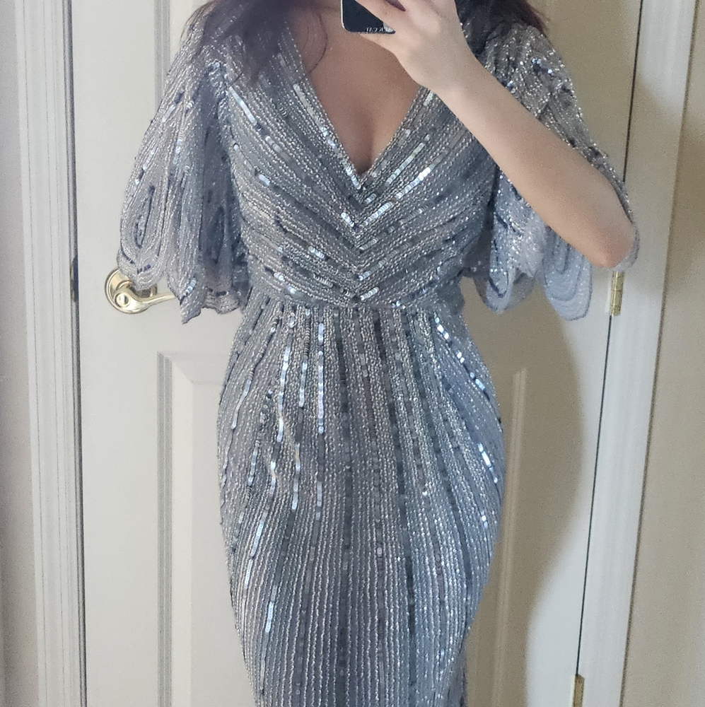 Mac Duggal 93583 Blue Sequined V Neck Cape Sleeve Gown